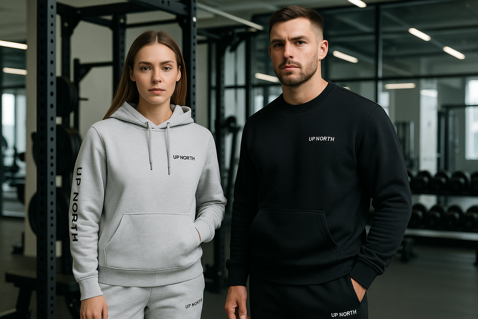 Model with up north name on it with man and women wearing plain tracksuits matching tracksuits gym wear